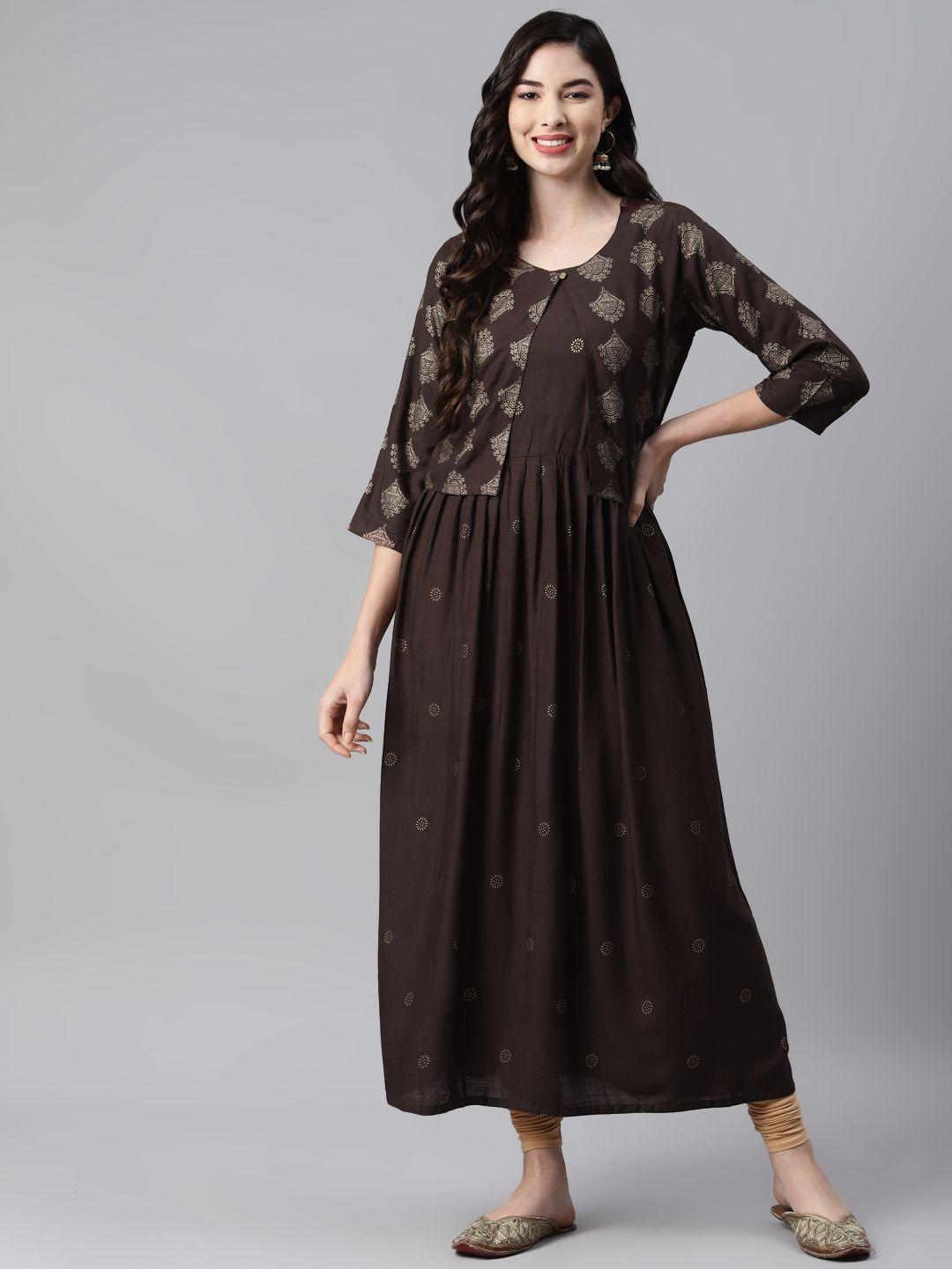 aarika coffee brown ethnic motifs printed pure cotton anarkali kurti