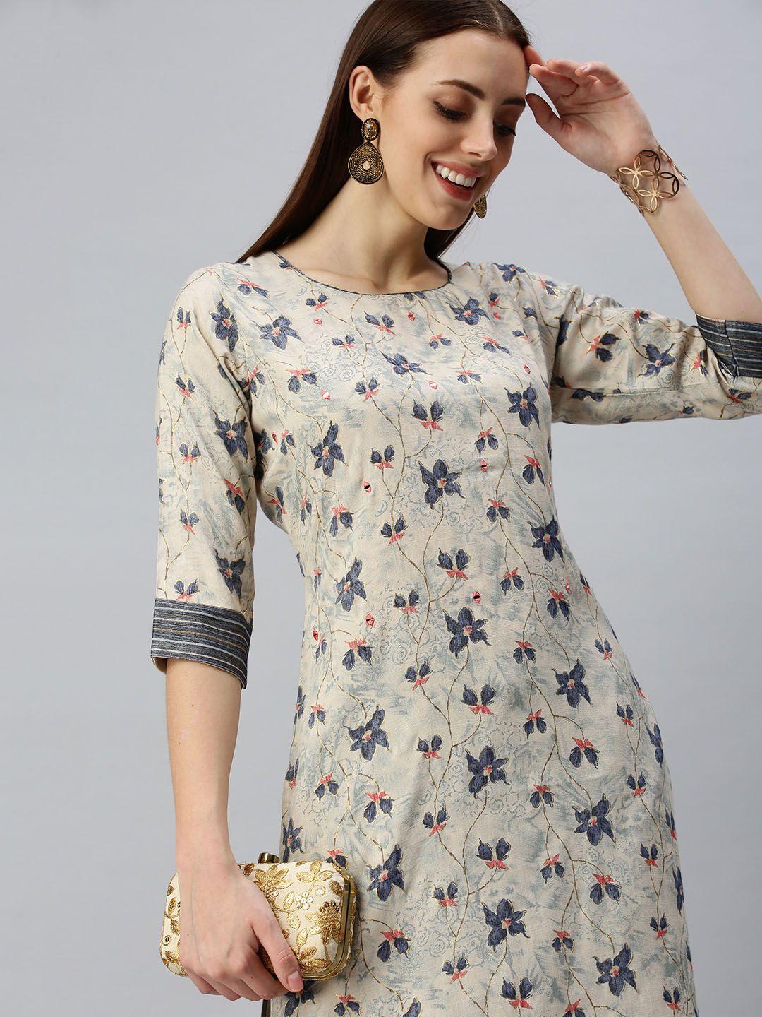 showoff women beige floral three-quarter sleeves round neck straight kurta sets