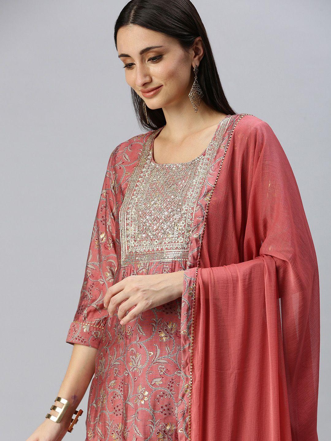 showoff women peach floral three-quarter sleeves round neck sequinned straight kurta sets