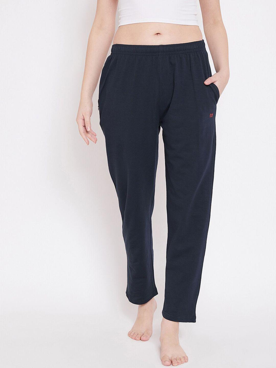 okane women navy blue solid straight cotton lounge pants