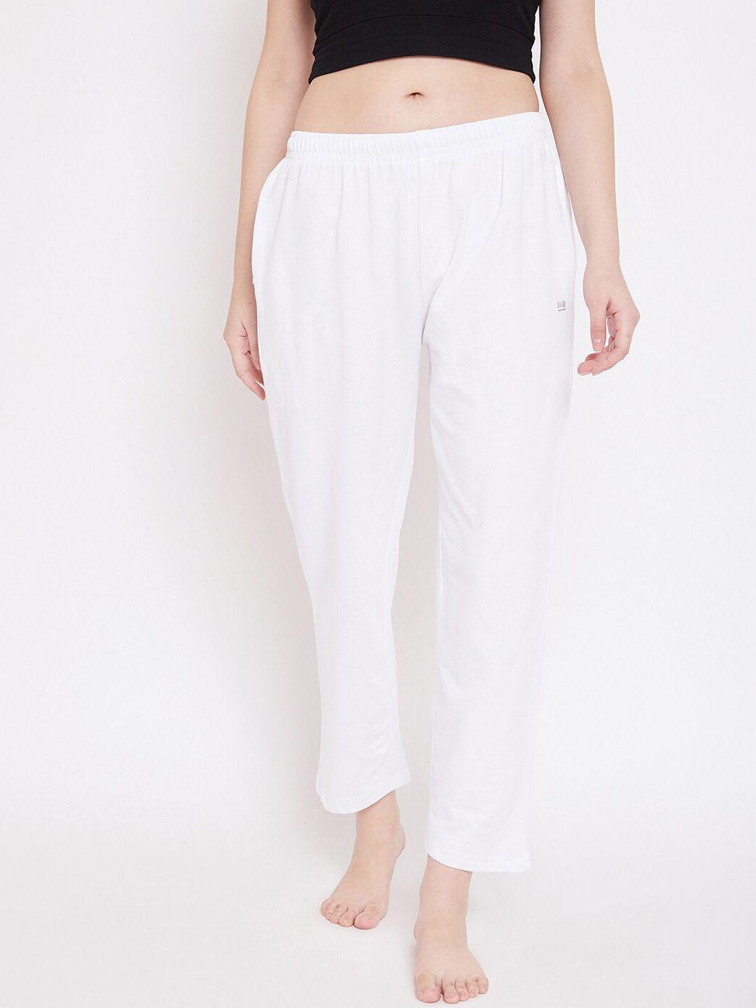 okane women white solid cotton lounge pants