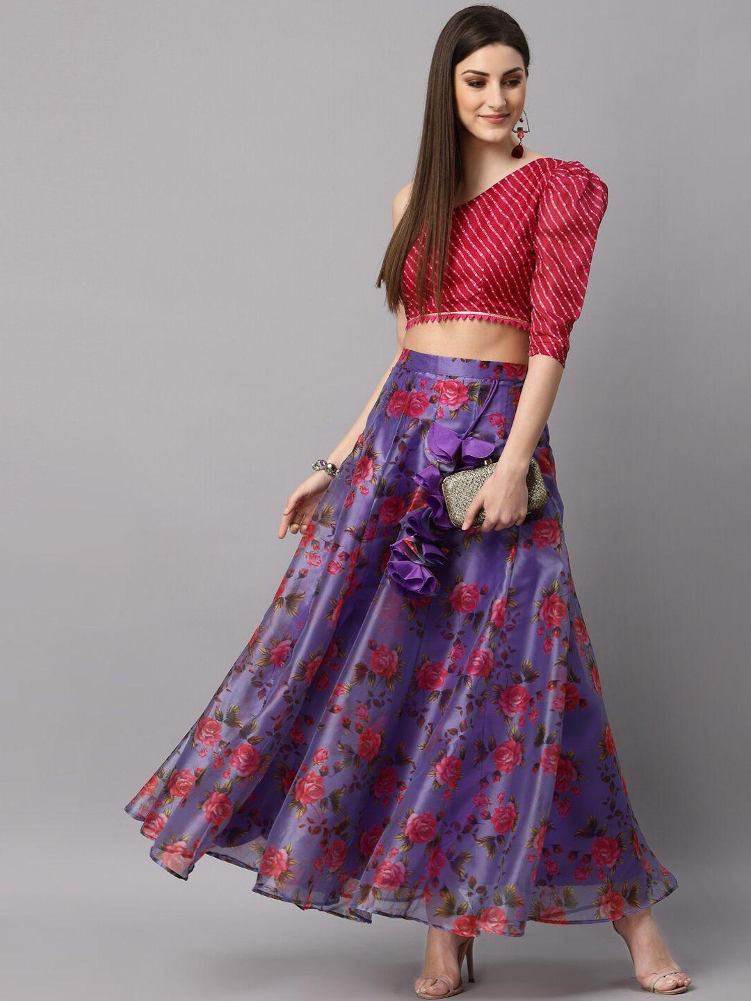 neudis women purple & red floral printed flared maxi lehenga skirt