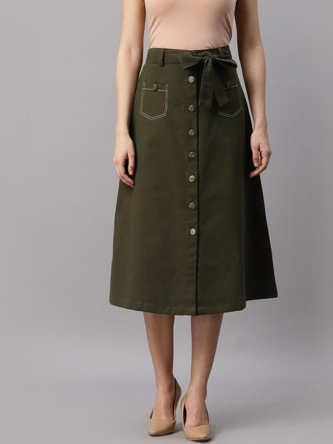 neudis women olive green cotton twill midi a-line skirt