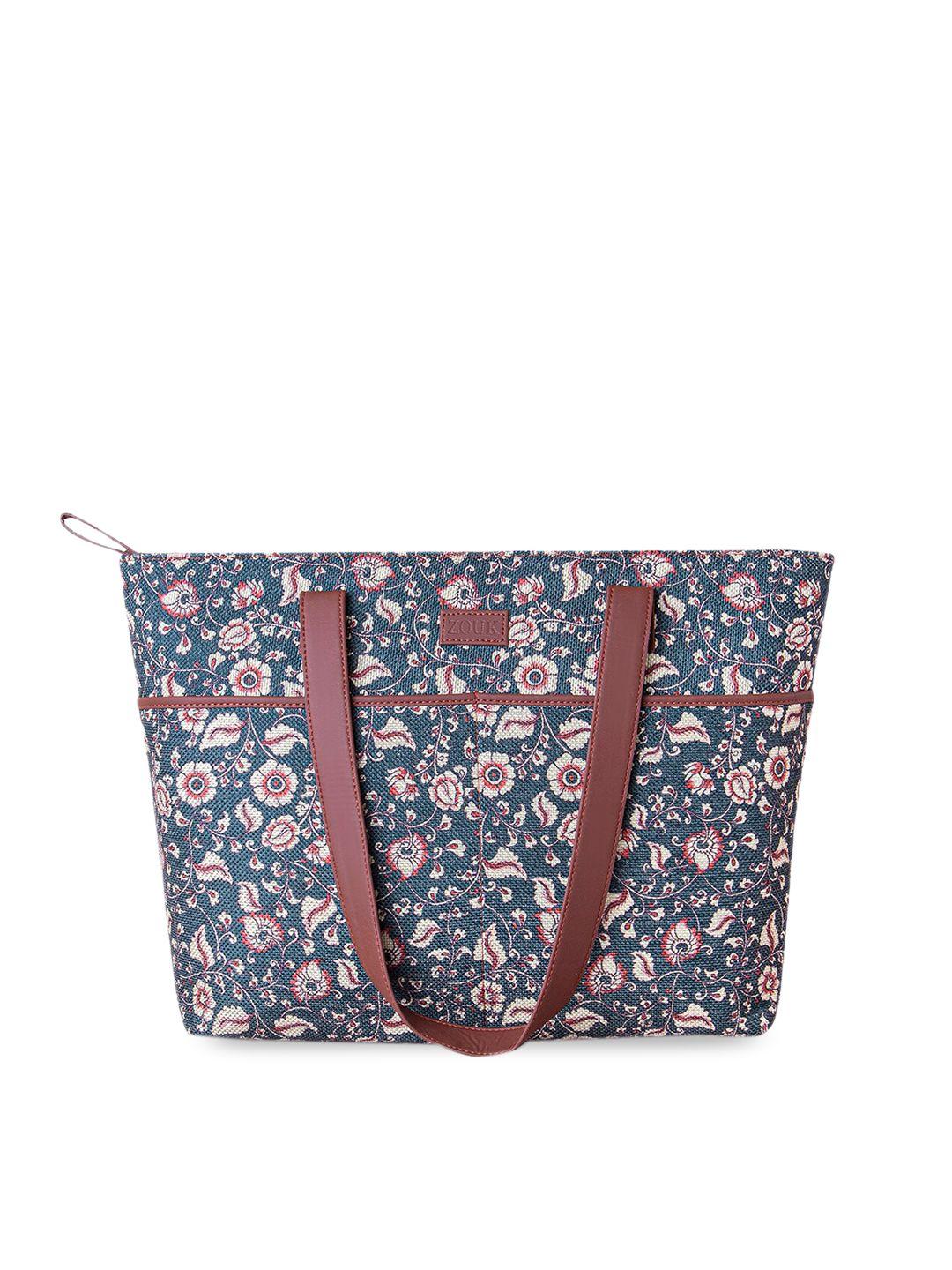 zouk blue floral printed structured tote bag