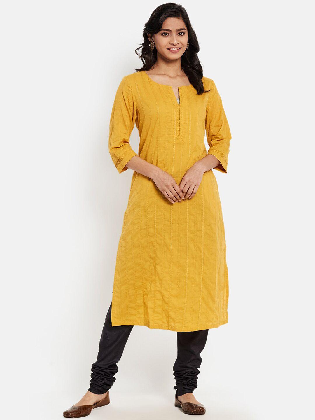 fabindia women mustard yellow striped thread work cotton kurta