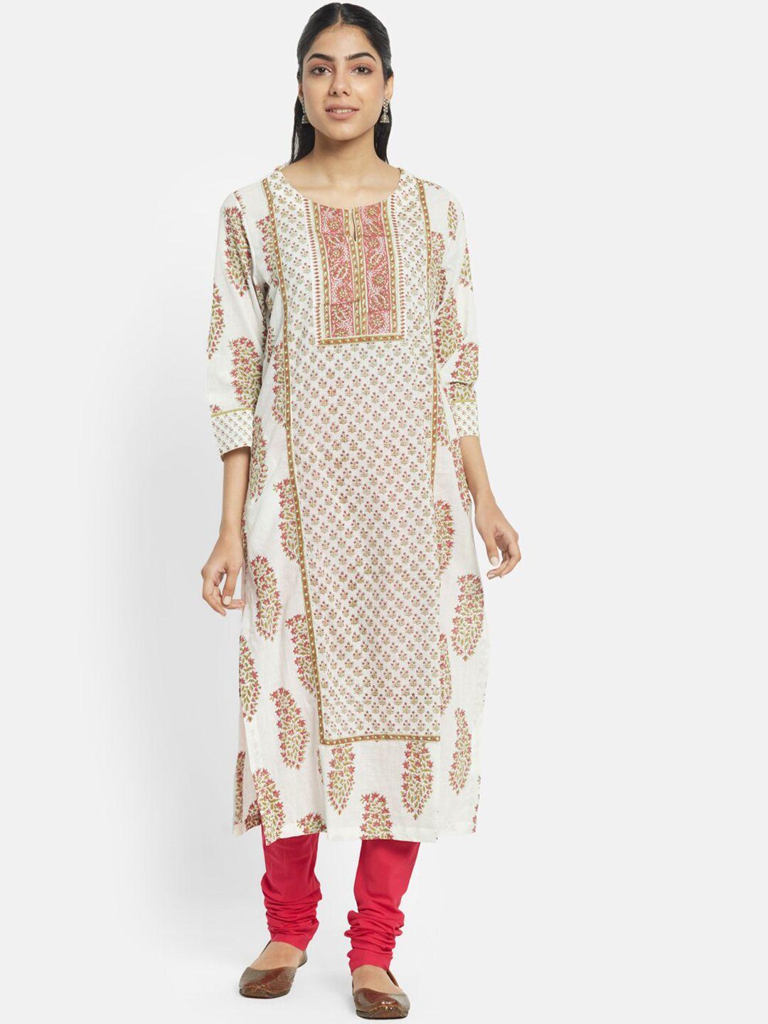 fabindia women off white & pink ethnic motifs block printed keyhole neck cotton kurta