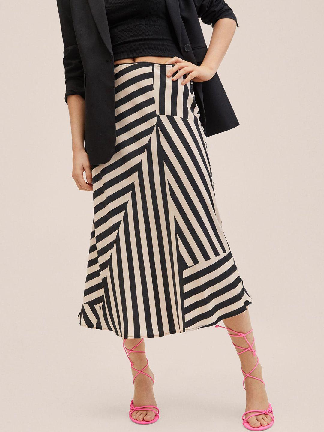 mango black & cream-coloured striped a-line midi-length skirt