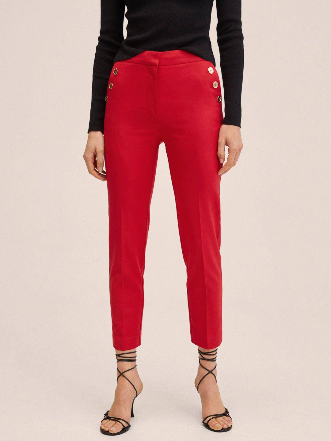 mango women red solid straight fit trousers