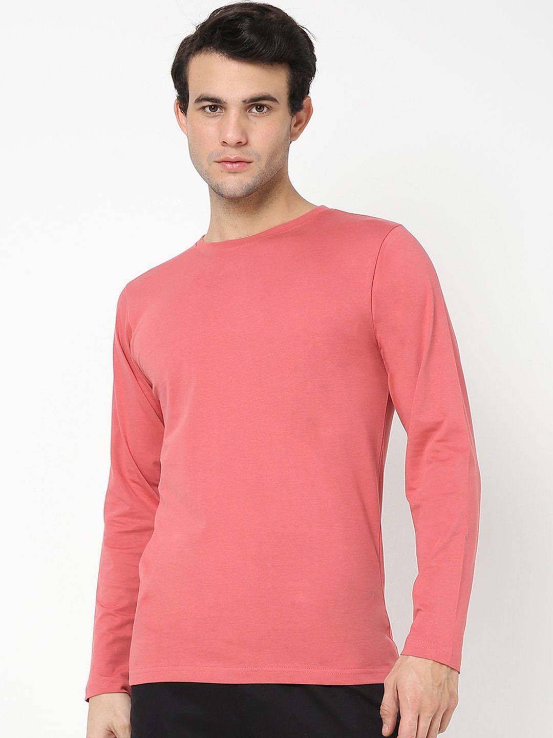 bewakoof men pink solid full sleeve cotton t-shirt