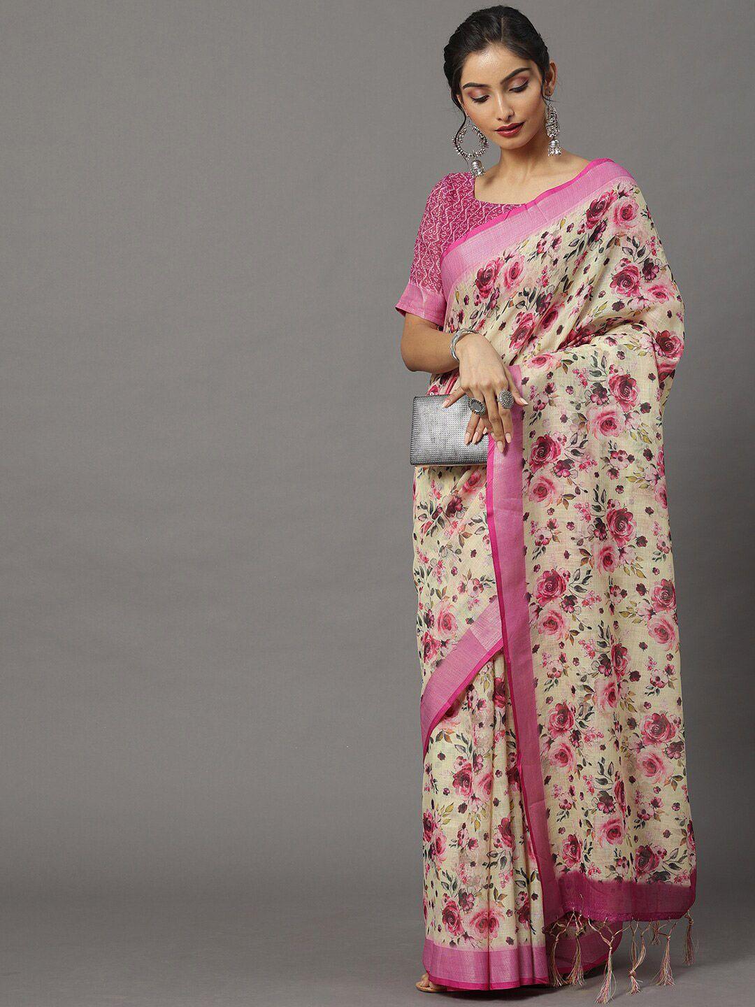 mitera cream-coloured & magenta floral printed linen blend banarasi saree