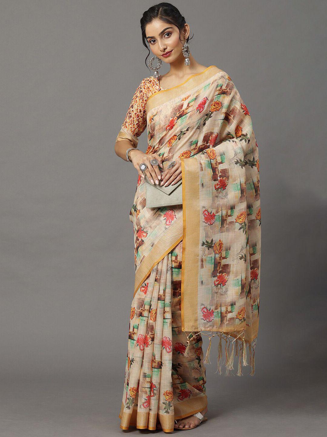 mitera cream-coloured & red floral printed linen blend banarasi saree