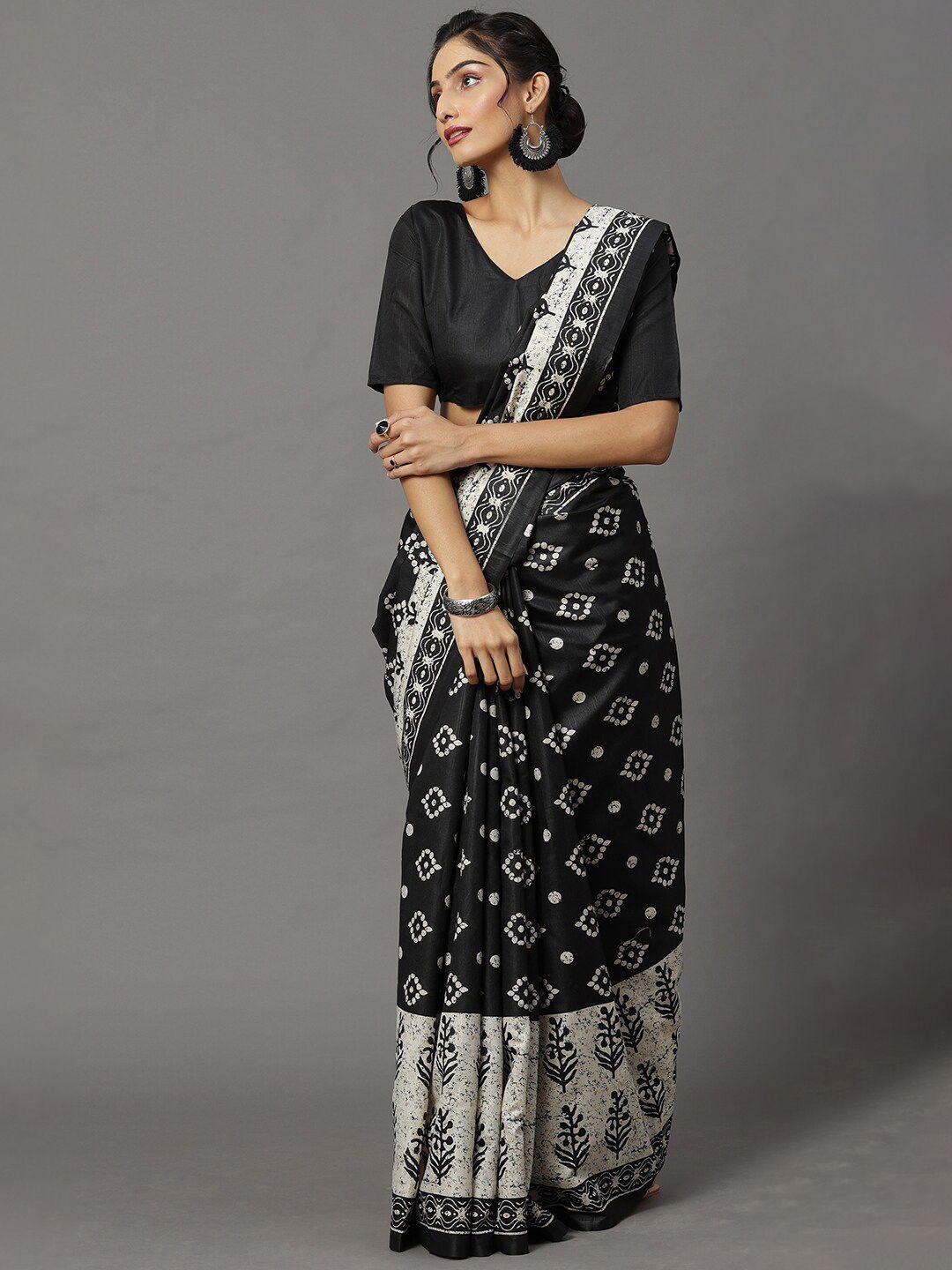 mitera black & white bandhani printed bhagalpuri art silk saree