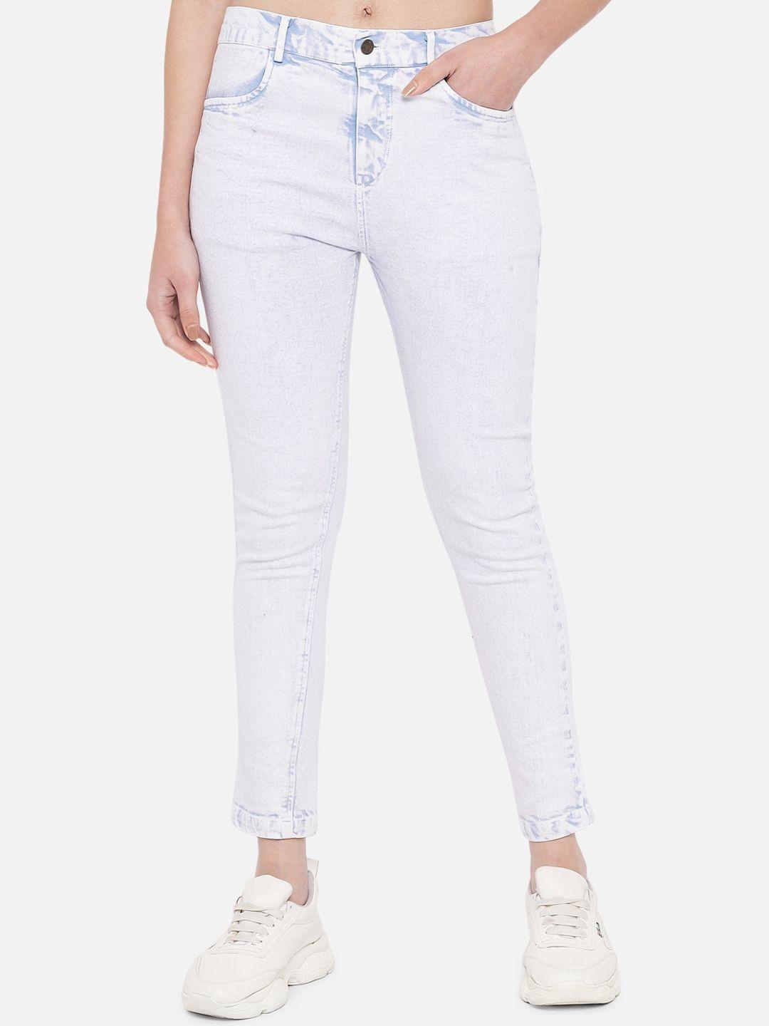 orchid hues women blue skinny fit pure cotton denim washed heavy fade jeans