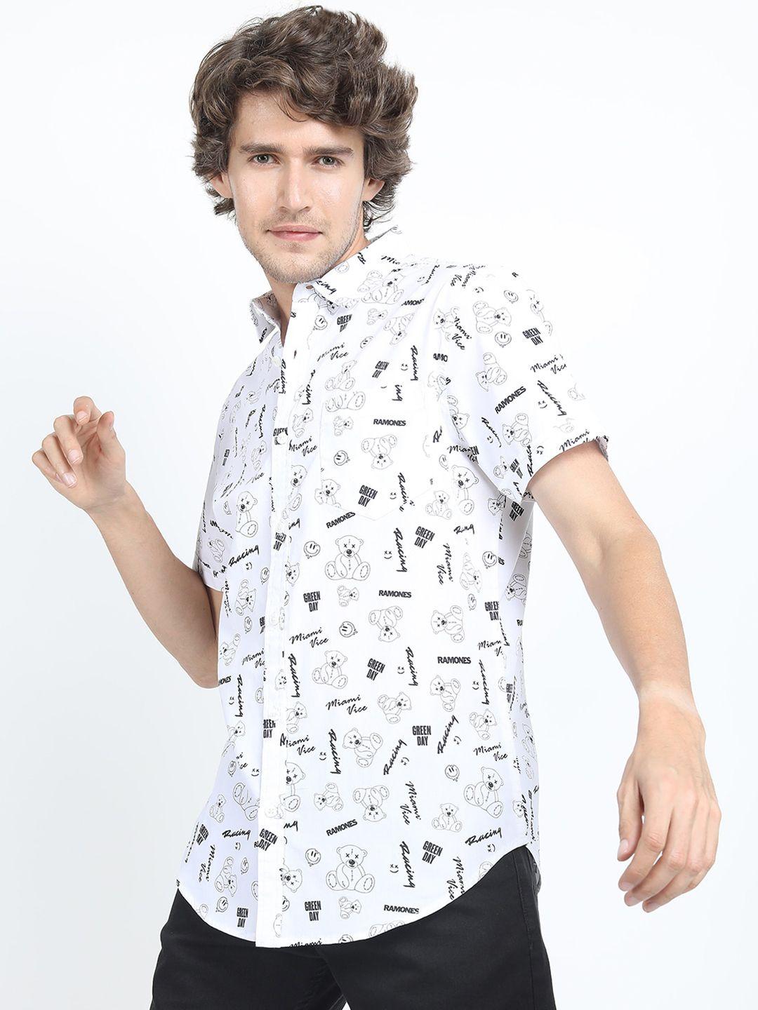 locomotive men white slim fit printed cotton casual shirt