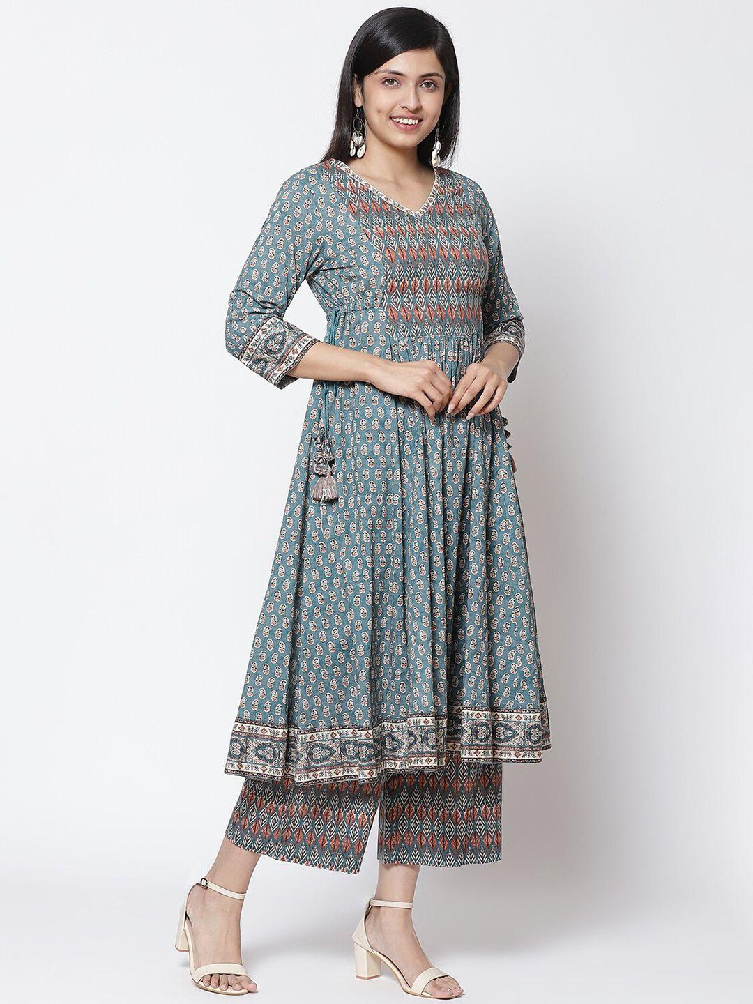 biba women teal blue ethnic motifs printed pleated pure cotton kurta with palazzos