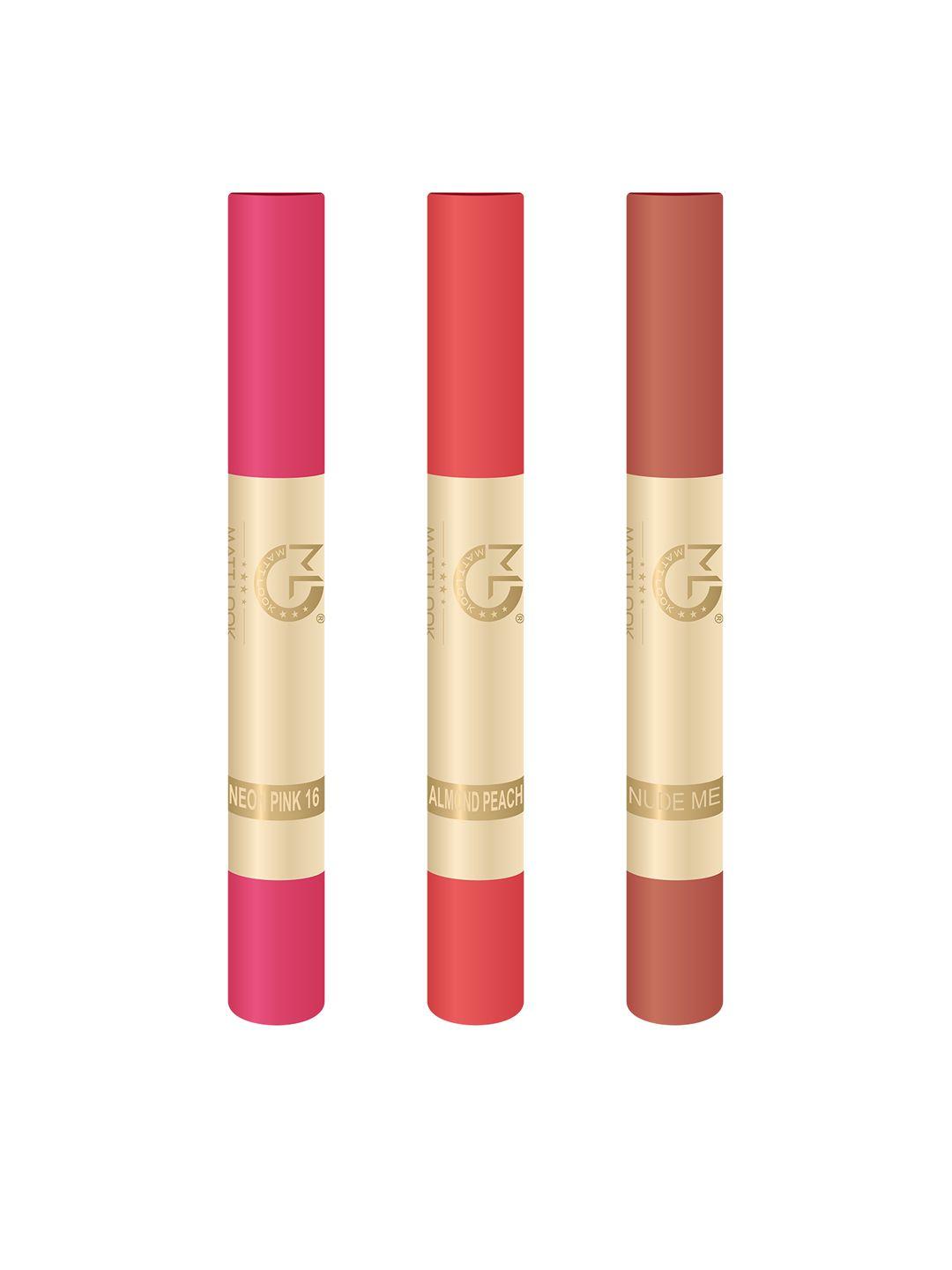 mattlook set of 3 velvet smooth lipsticks - neon pink, almond peach & nude me