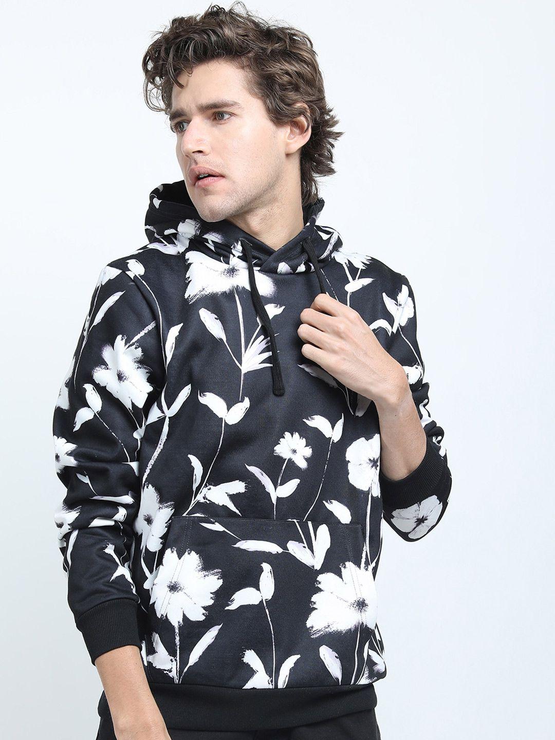 highlander men black & white floral printed hooded sweatshirt