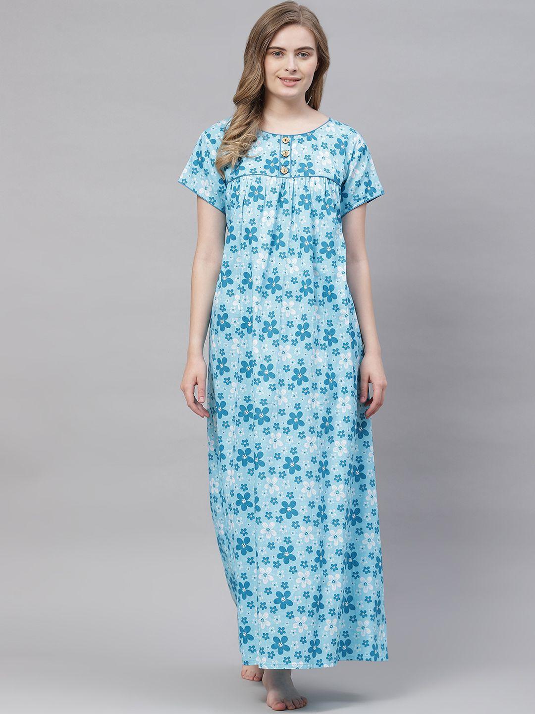 vemante women turquoise blue pure cotton floral printed maxi nightdress