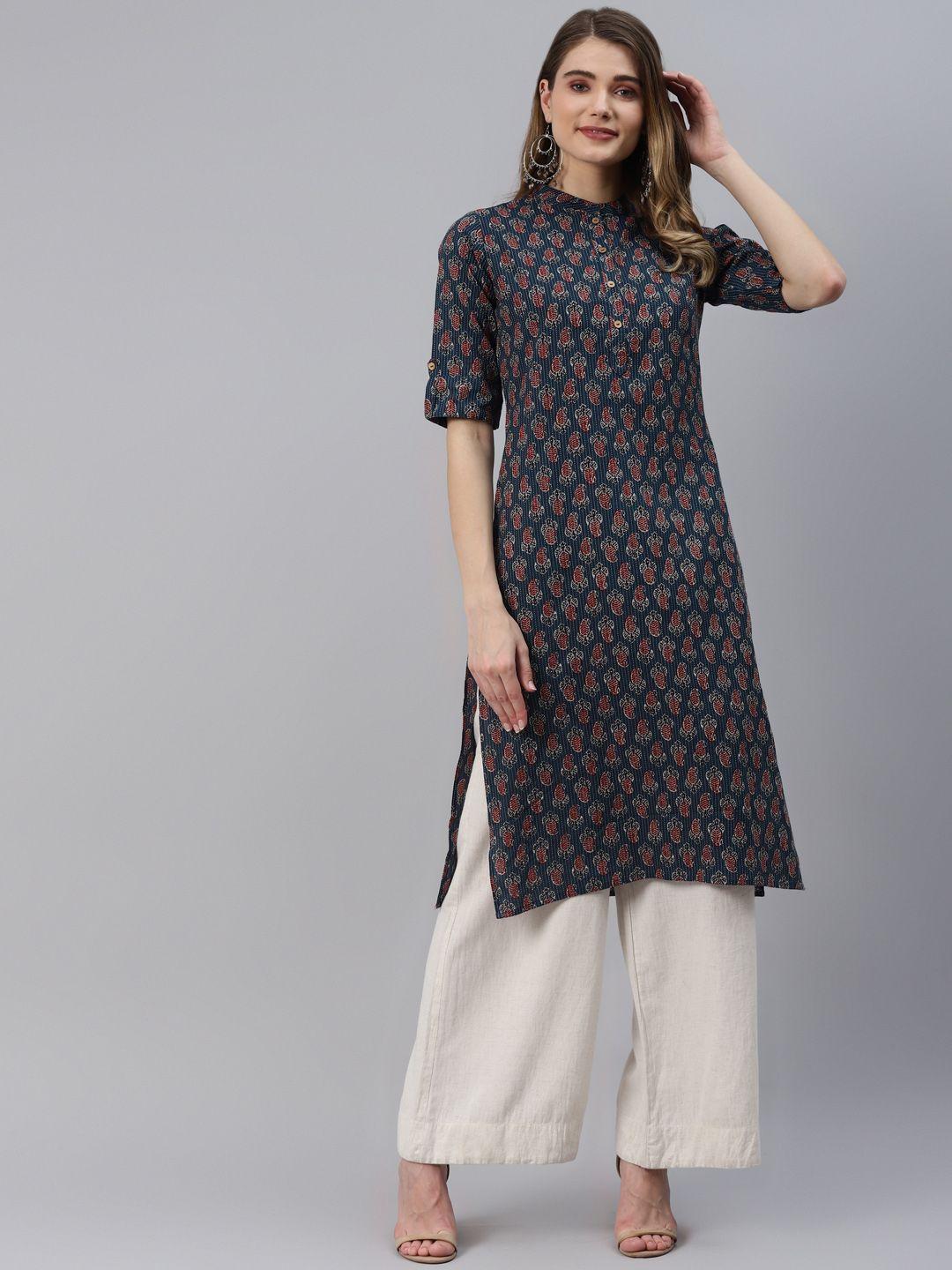 divena women navy blue floral printed pure cotton kurta