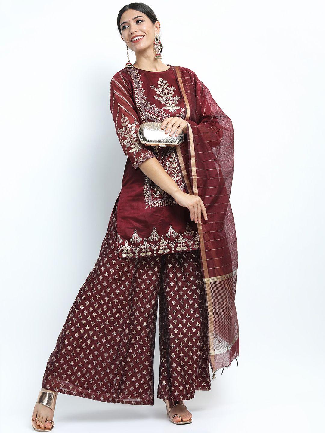 vishudh women maroon ethnic motifs printed kurti with palazzos & with dupatta