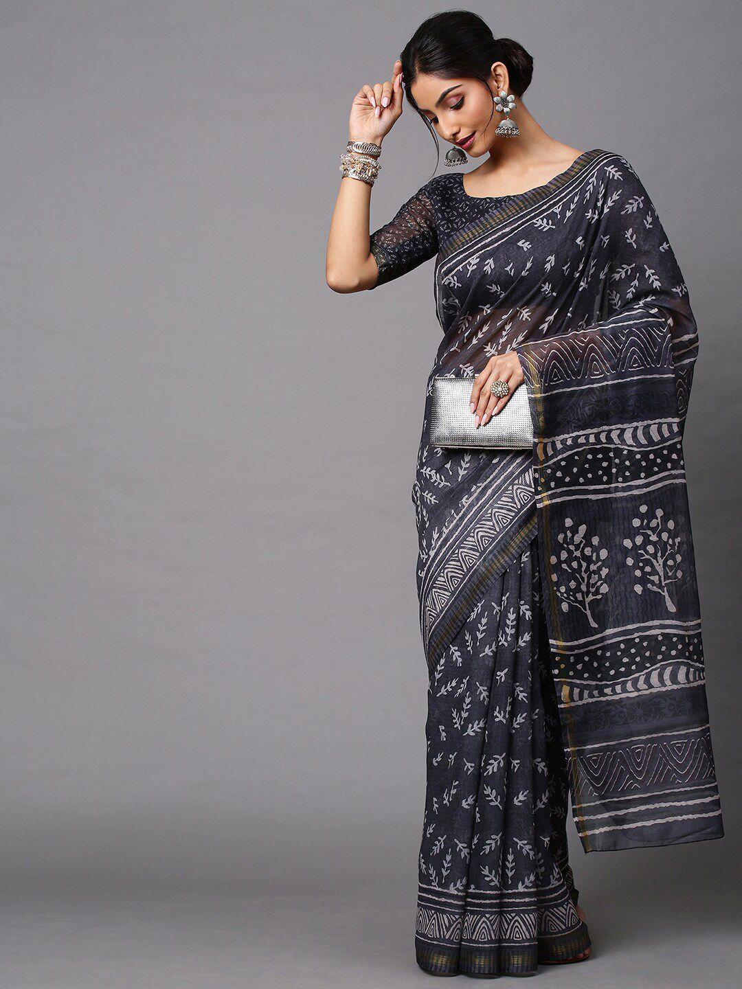 mitera grey & white floral linen blend block print saree