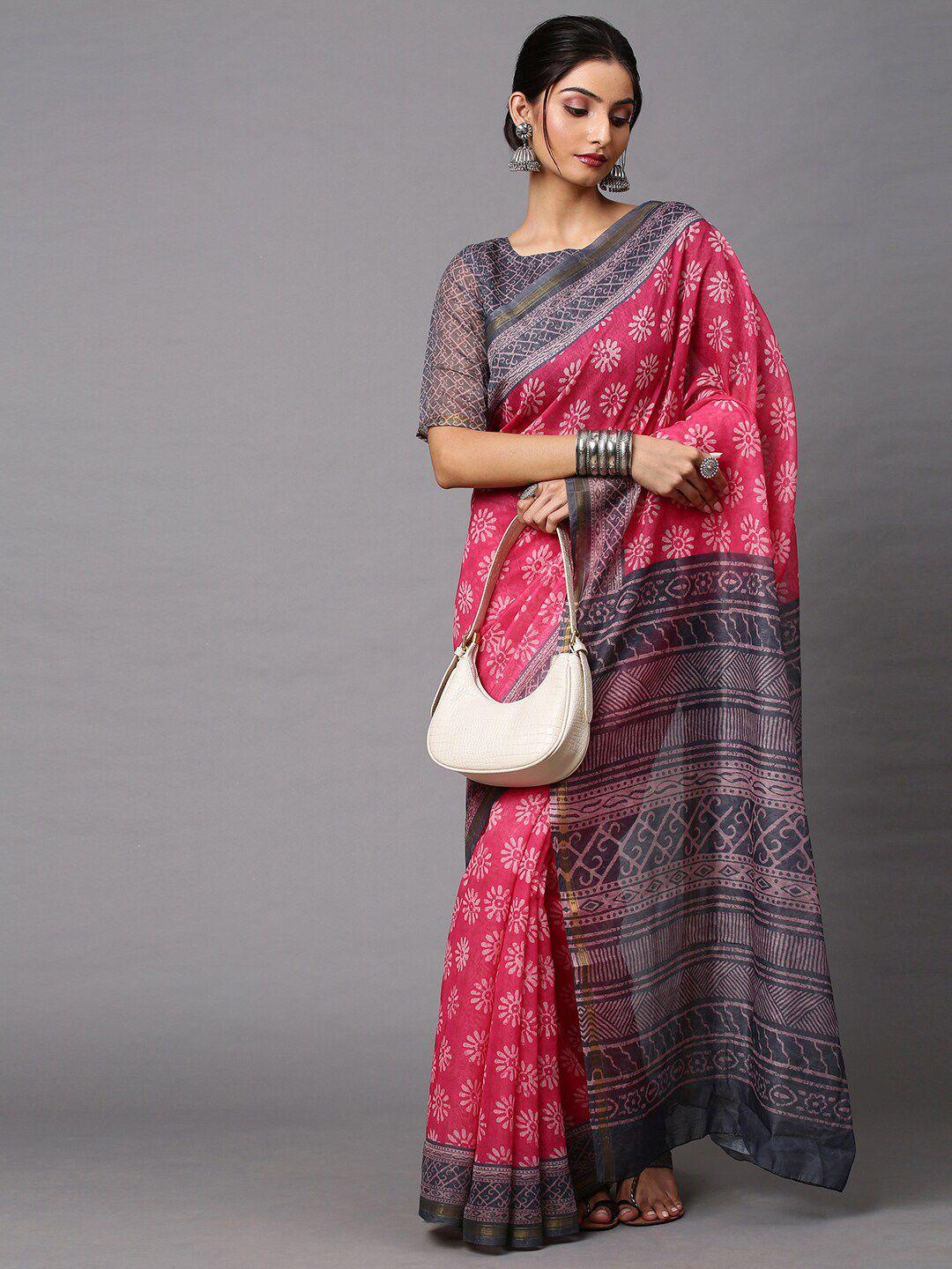 mitera pink & grey ethnic motifs linen blend block print saree