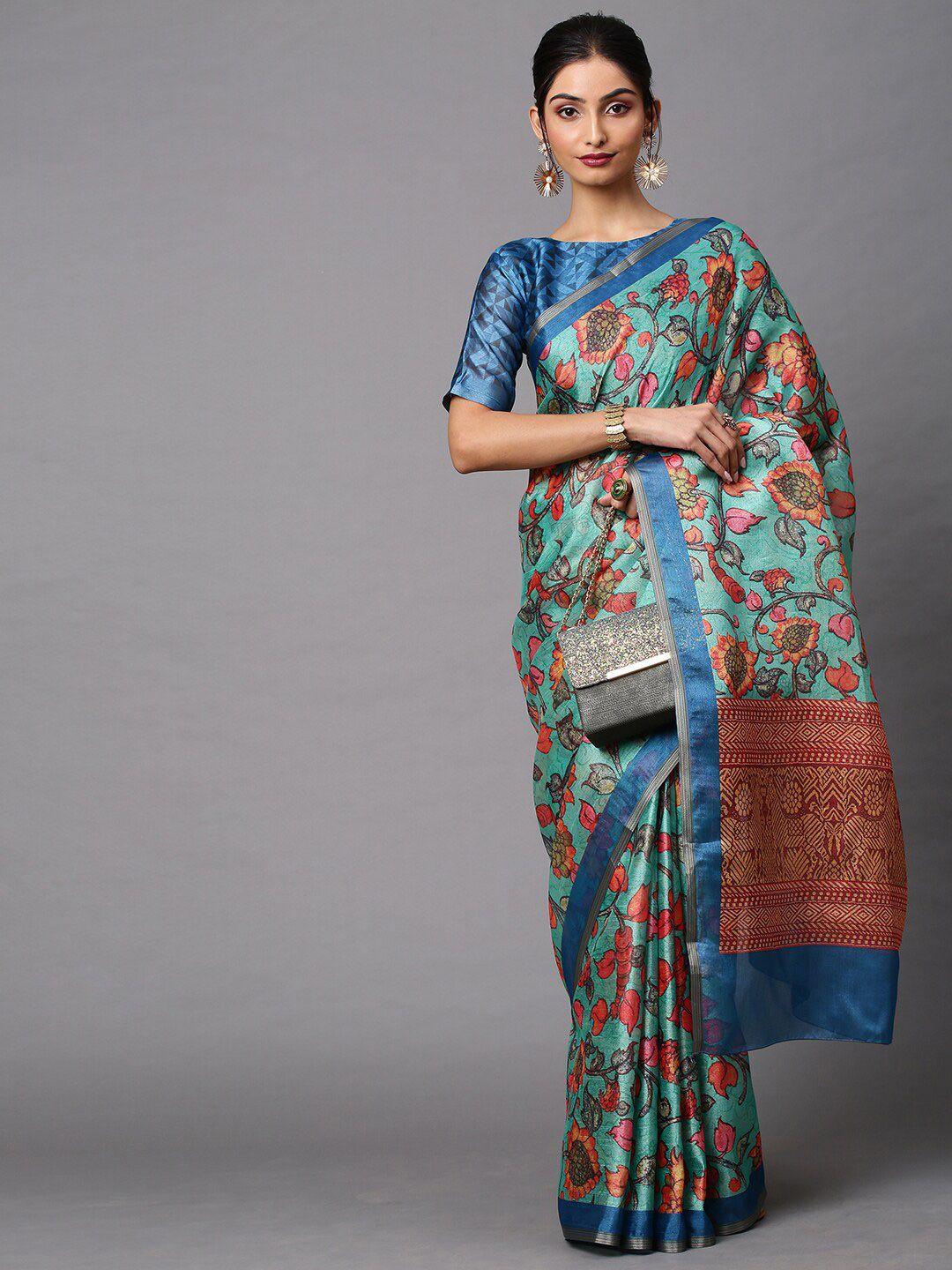 mitera sea green & red kalamkari pochampally saree