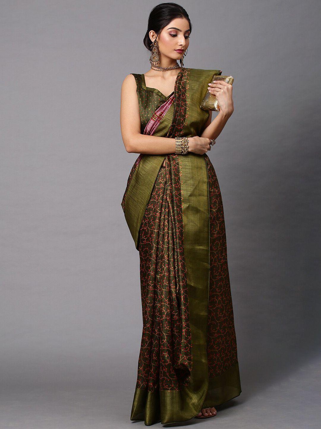 mitera olive green & pink floral printed linen blend banarasi saree