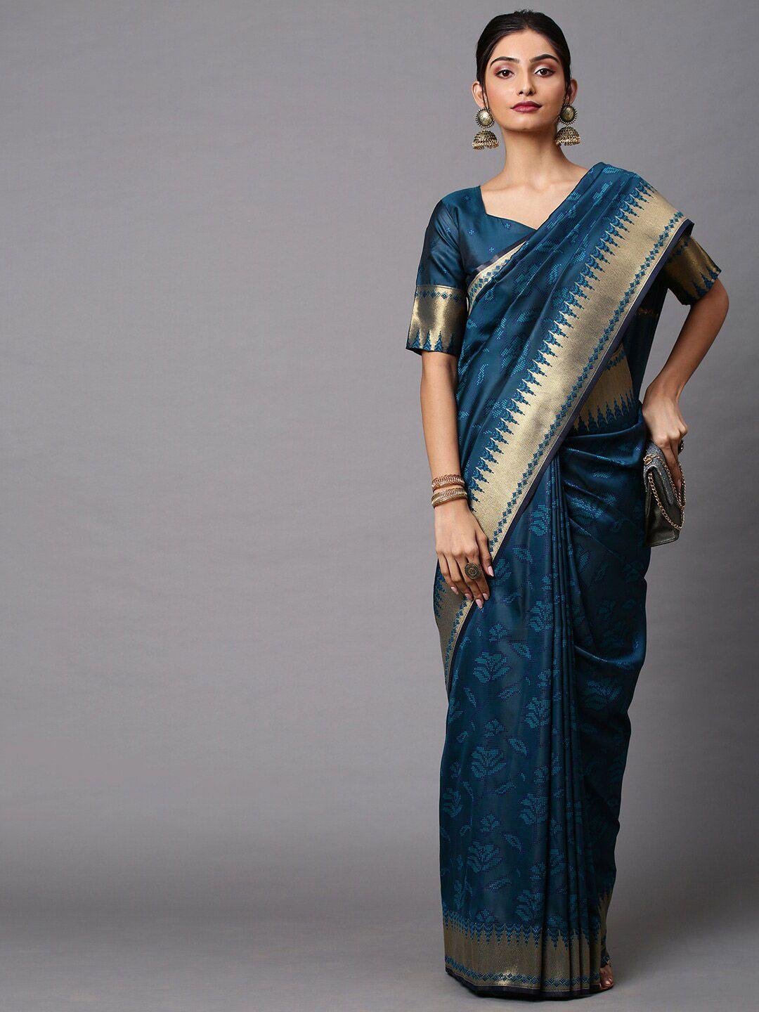 mitera teal & gold-toned floral zari silk cotton banarasi saree