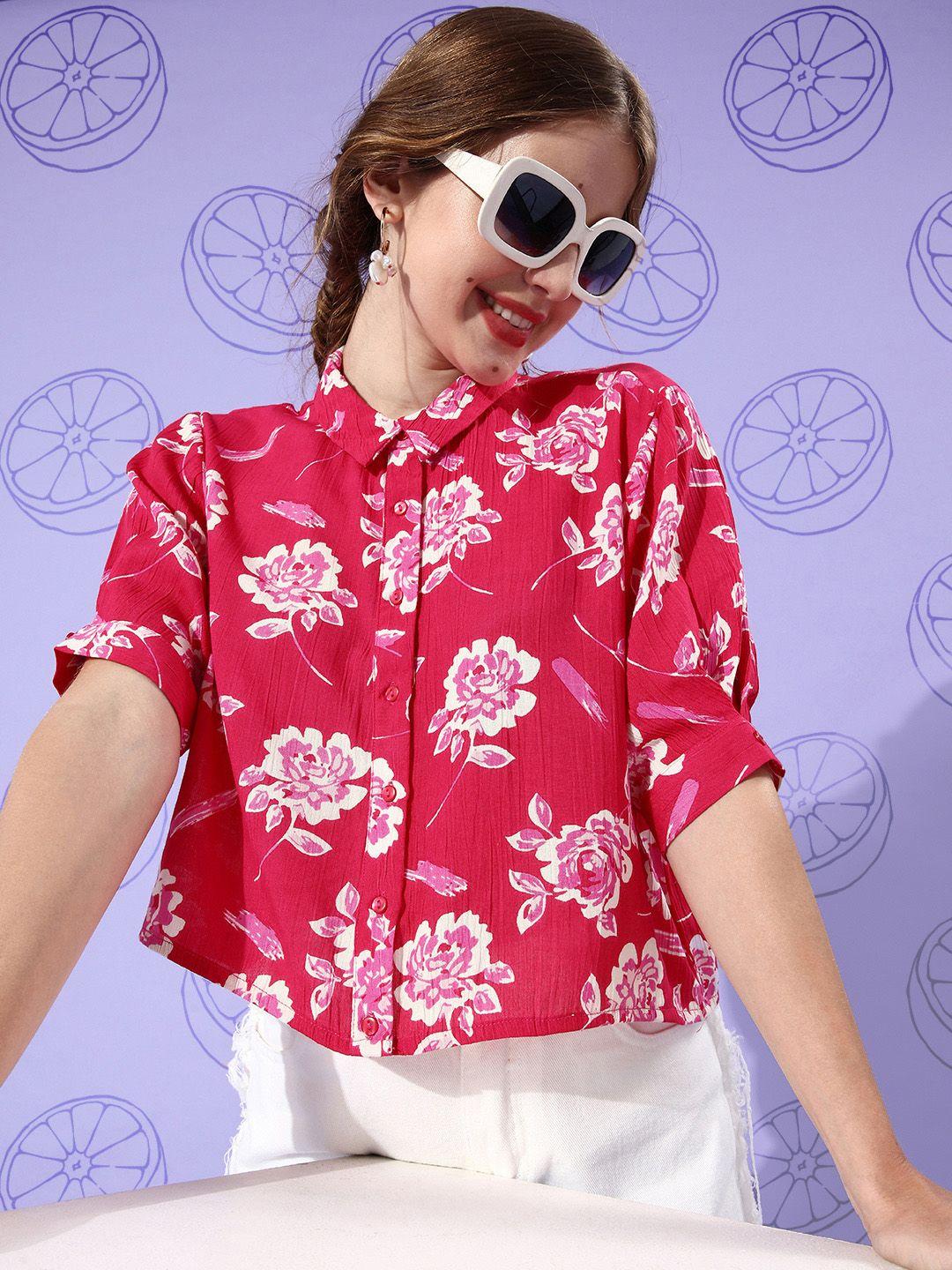 dressberry women pink & white slim fit floral printed casual shirt