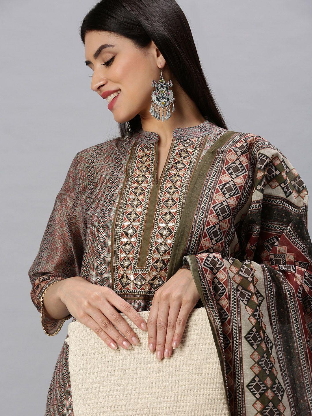 showoff olive green & grey ethnic motifs printed gotta patti kurta with trousers & dupatta