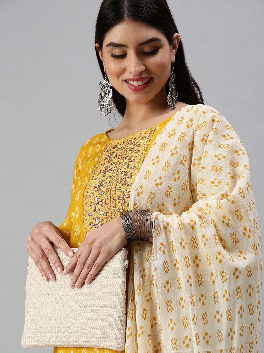 showoff women yellow ethnic motifs kurta with trousers & dupatta