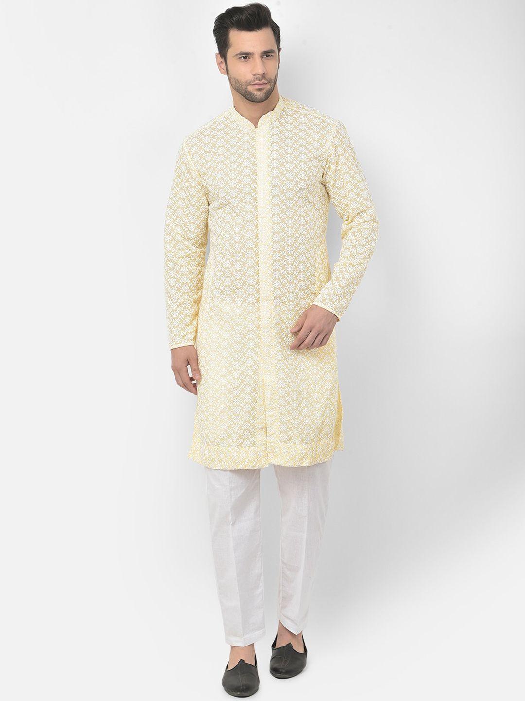 deyann men yellow floral embroidered pure cotton kurta with pyjamas