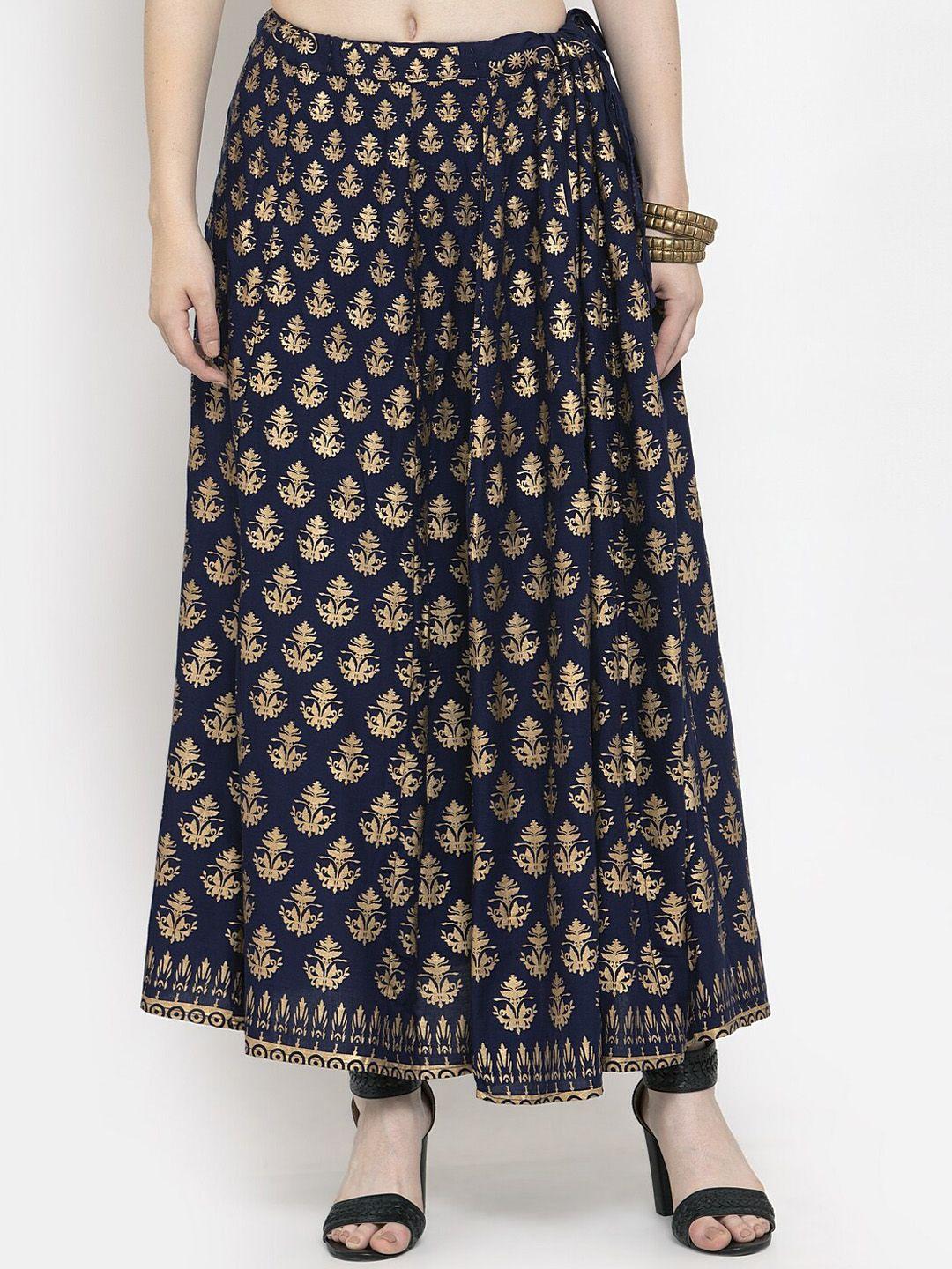 clora creation women navy blue & gold printed straight skirts