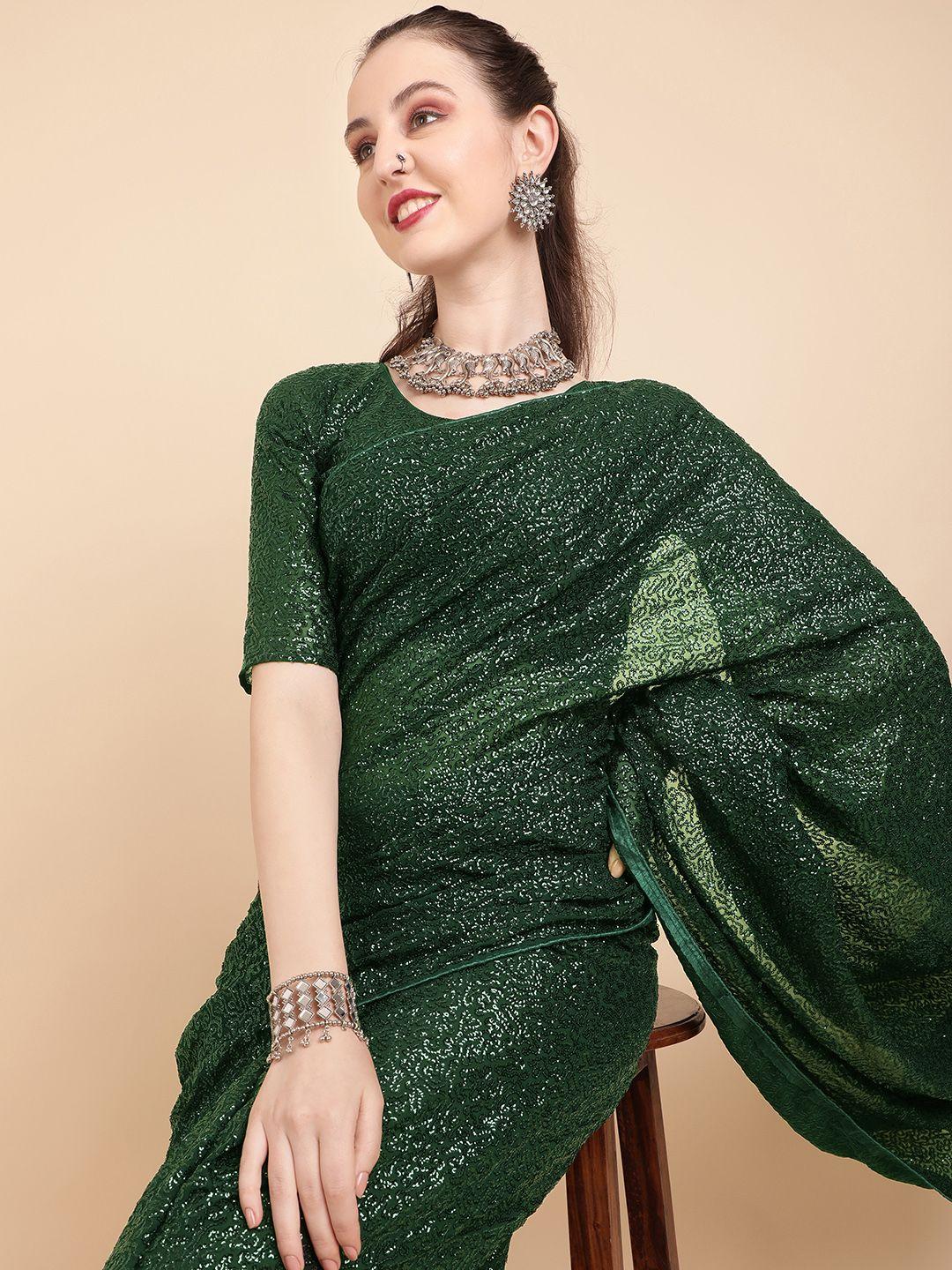 sangria olive green embellished sequinned pure georgette saree