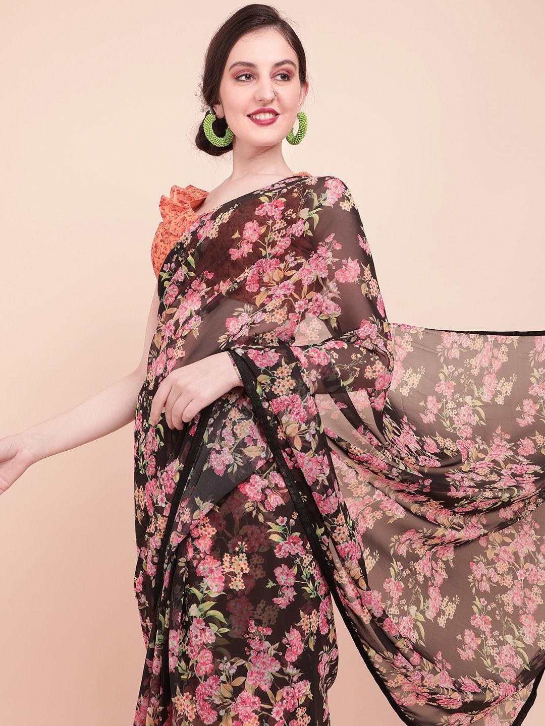 sangria black & pink floral printed pure georgette saree