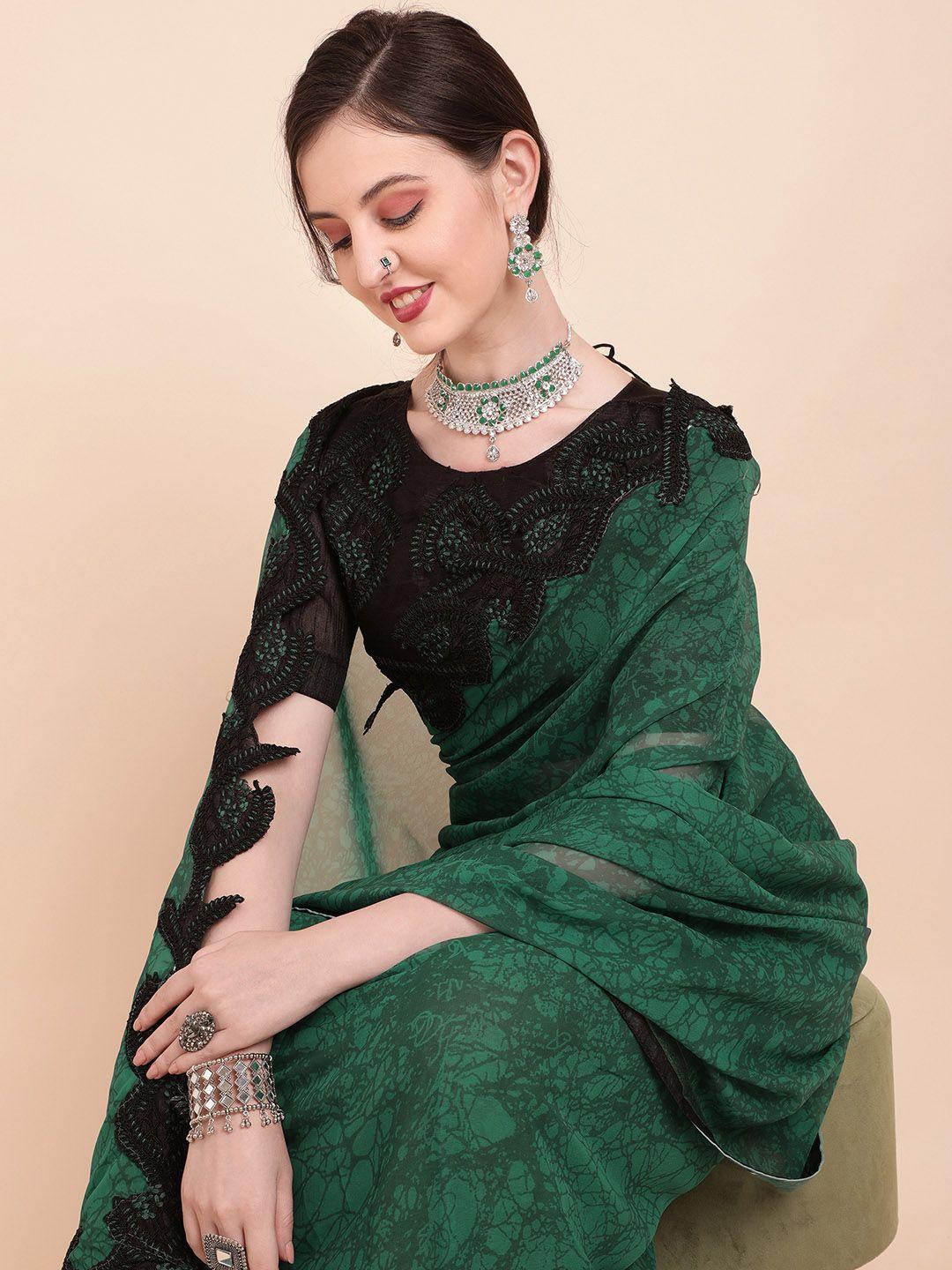 sangria olive green & black embroidered tie & die pure georgette saree