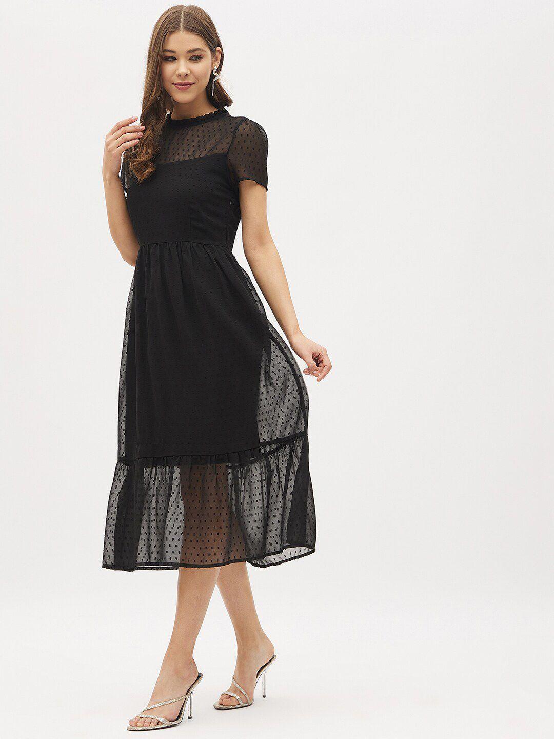 harpa black solid georgette sheer casual midi dress