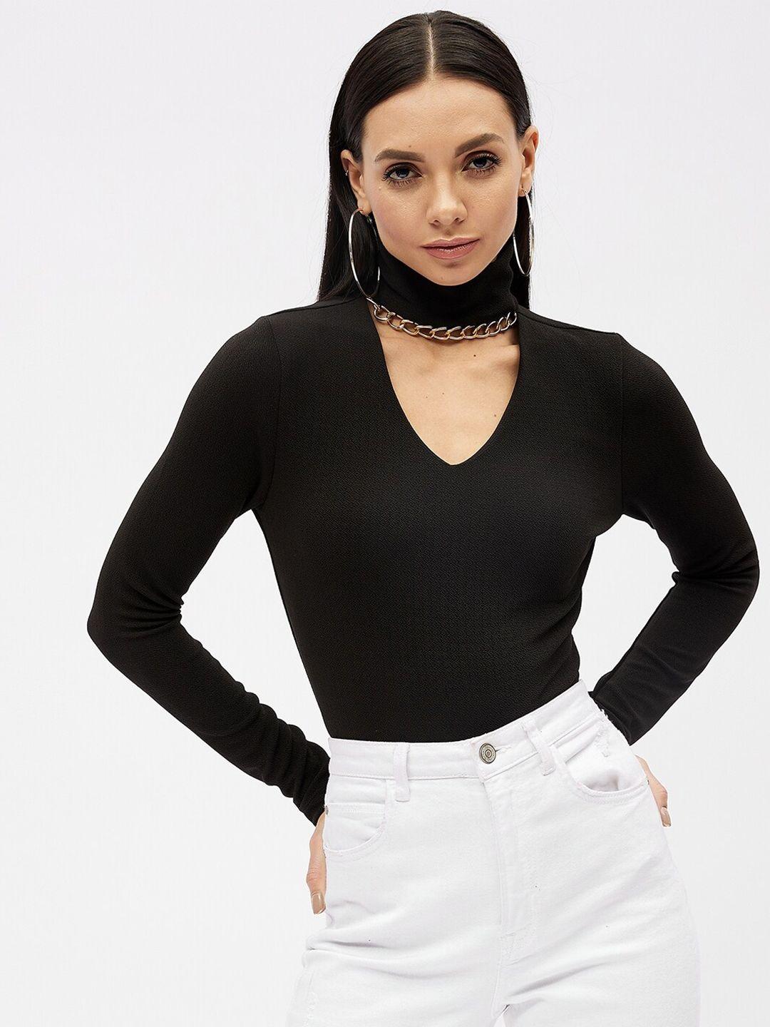 harpa black solid keyhole neck full sleeves studded top