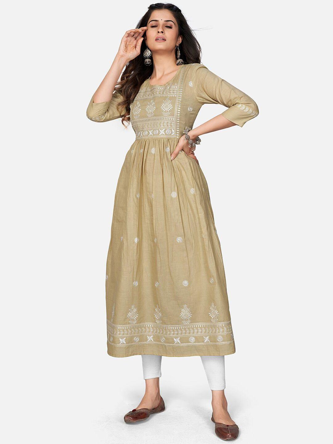 vbuyz women beige ethnic motifs embroidered cotton anarkali kurta