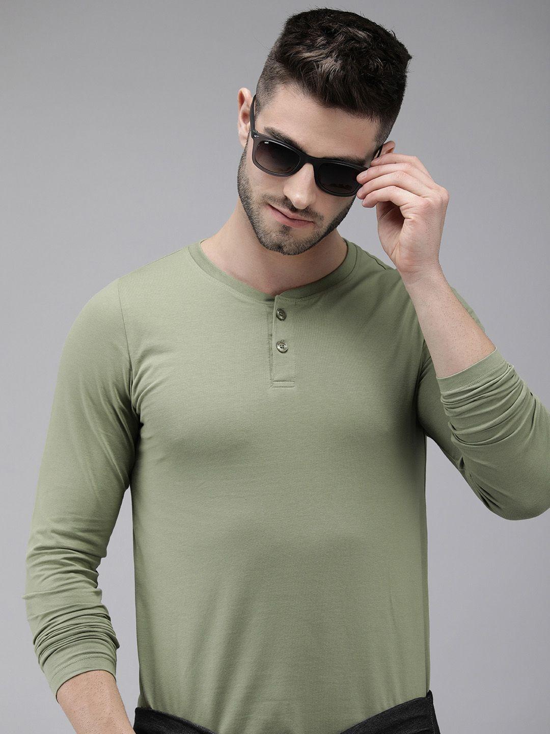 the roadster lifestyle co men olive green shaped fit henley neck t-shirt