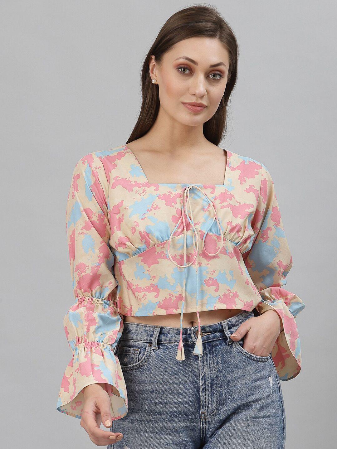 selvia beige & pink floral print crepe crop top