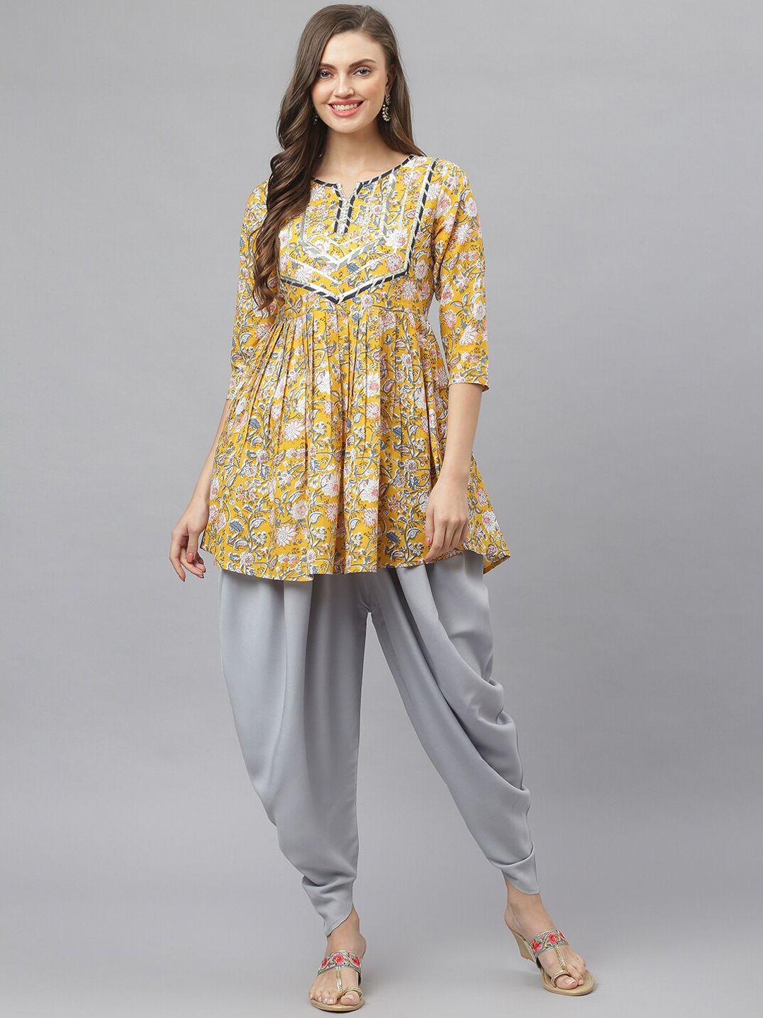 stylum women mustard yellow & grey ethnic motifs printed pure cotton kurti with dhoti pant