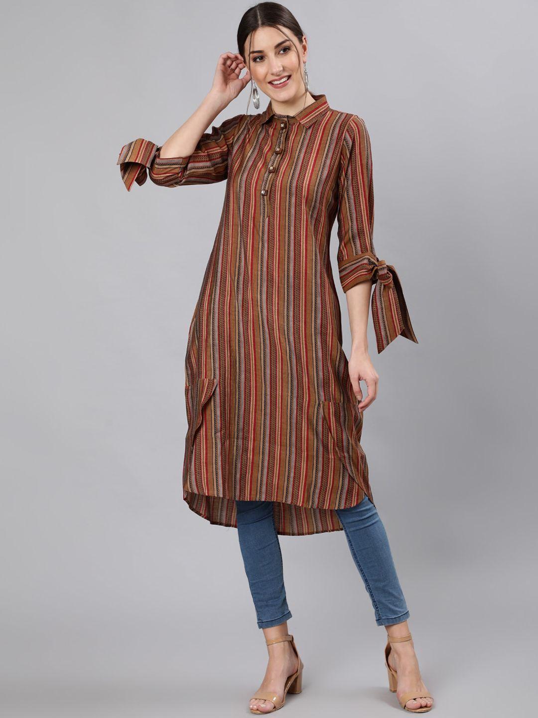 jaipur kurti women camel brown & mustard yellow striped kurta