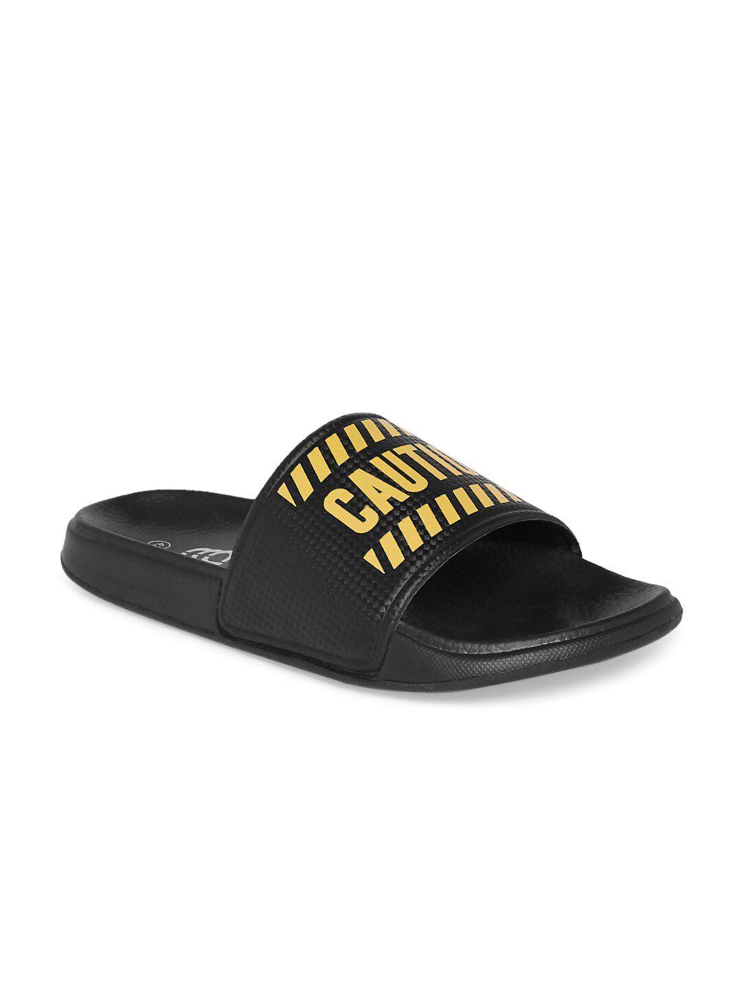 ajile by pantaloons men black & yellow printed rubber sliders