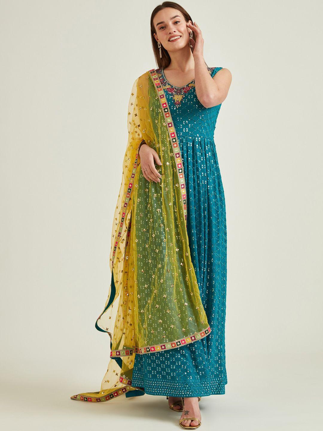 neerus turquoise blue ethnic motifs embellished anarkali kurta with trousers & dupatta