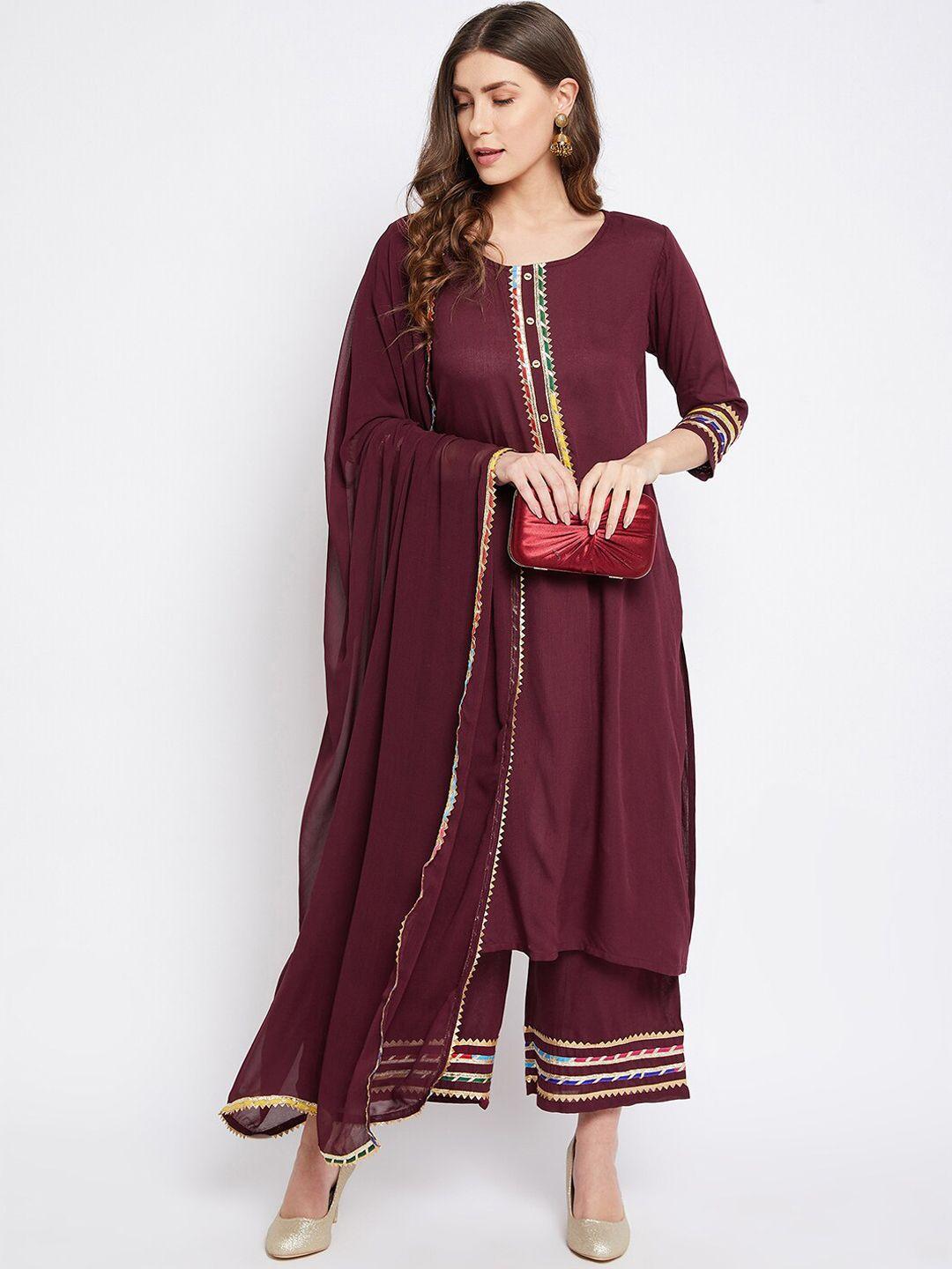 bitterlime women maroon yoke design gotta patti kurta with palazzos & with dupatta