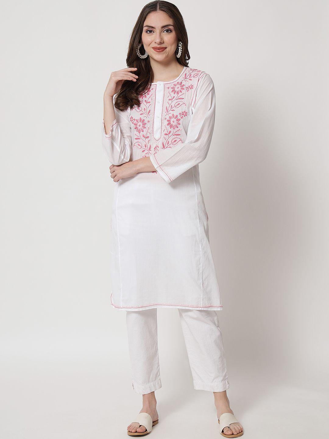 paramount chikan women pink ethnic motif embroidered chikankari cotton kurta