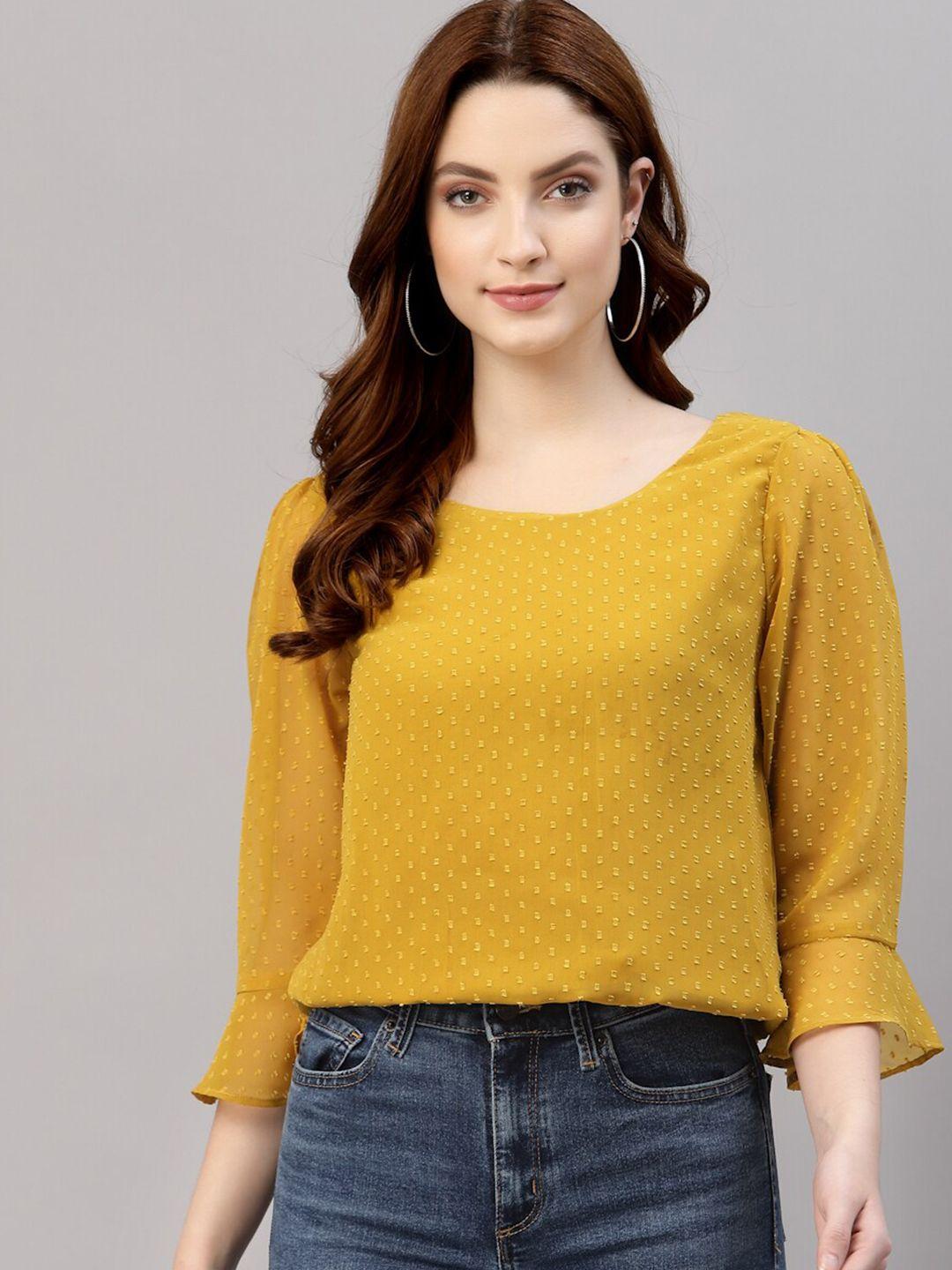 neudis mustard yellow chiffon self design bell sleeve regular top