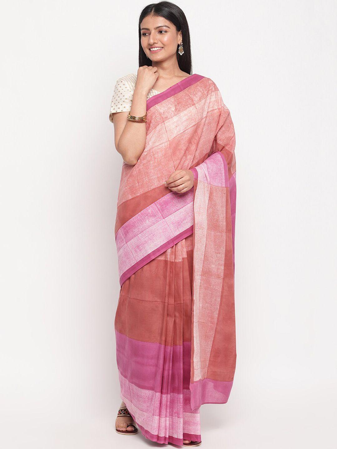 fabindia rust & pink colourblocked pure cotton saree